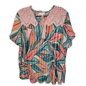 RIO & RIAN New York Sz 2X Peachy Coral Palm Leaves Floral Tassel Boho Blouse Top